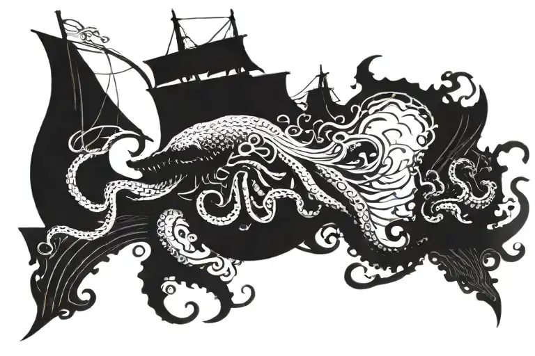 Kraken pulling a ship tattoo design idea