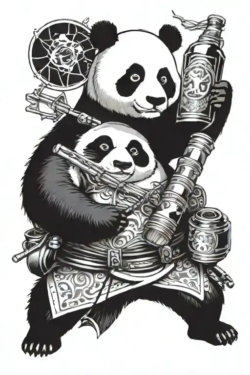 Illustrate a panda holding a Hennessy bottle while surrounded by traditional samurai weapons and armor tattoo design idea