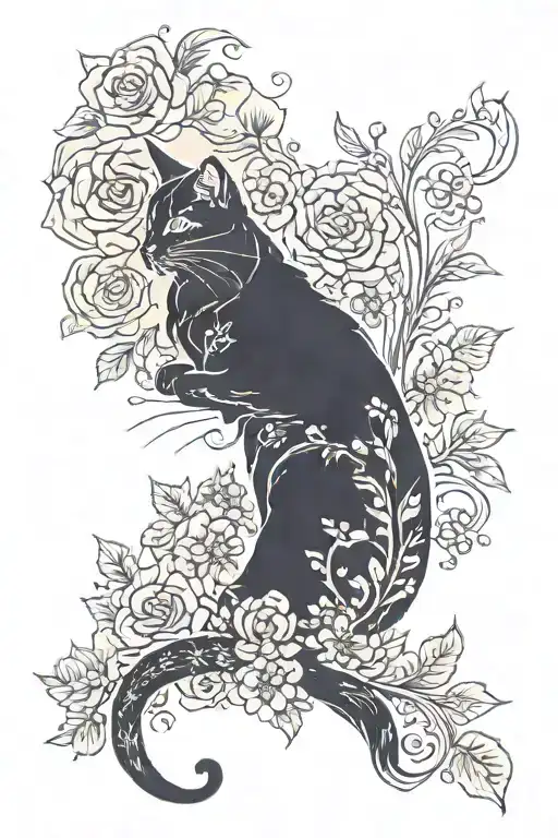 cat silhouette with faded tabby markings with florals inside the cats body  tattoo design idea