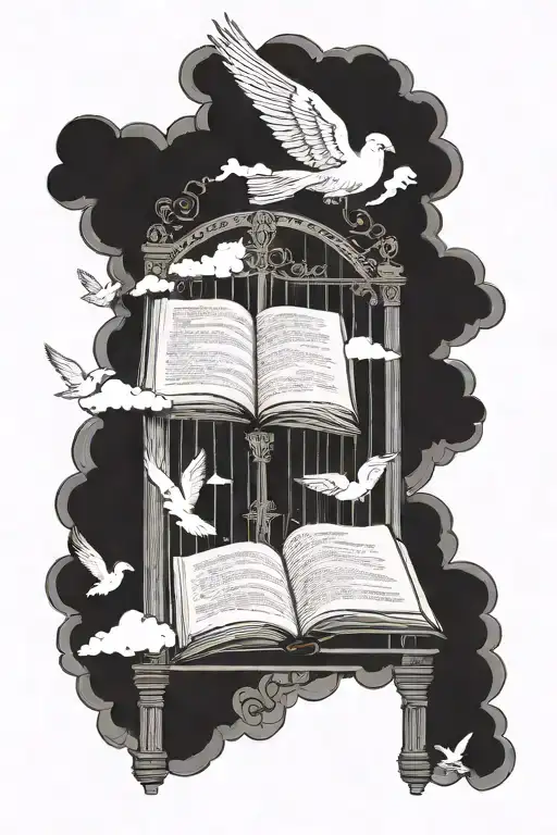 heaven gates with clouds and doves flying also with bible quote tattoo design idea