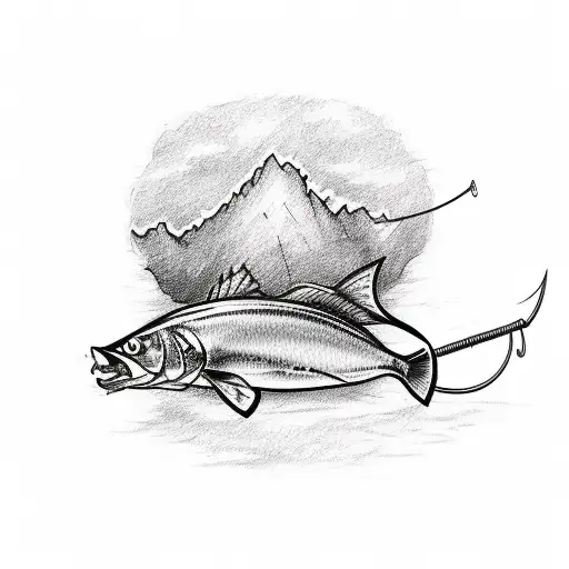 A sketch-style tattoo showcasing a fishing rod bending under the weight of a big catch, with a subtle $uicideboy$ logo incorporated tattoo design idea