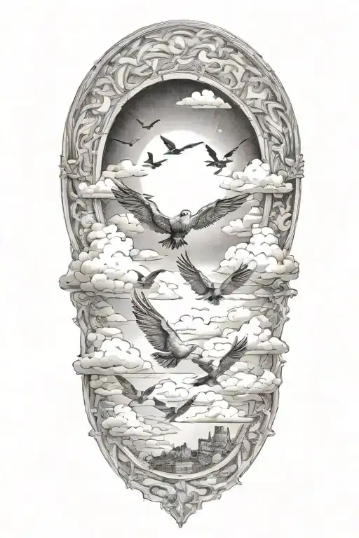 cloud filled sky with heavens gate and birds flying tattoo design idea
