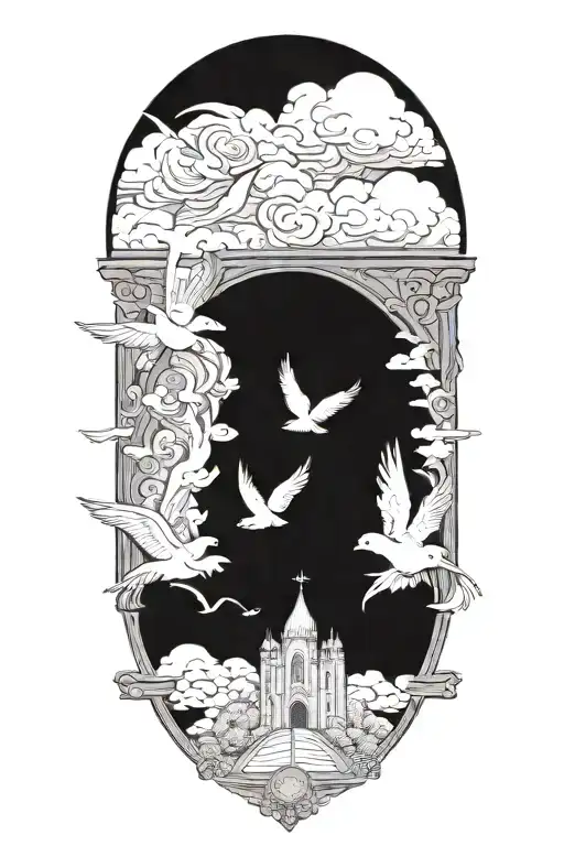 cloud filled sky with heavens gate and doves flying, with a Bible scripture tattoo design idea