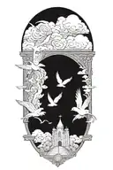 cloud filled sky with heavens gate and doves flying, with a Bible scripture tattoo design idea