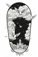 cloud filled sky with heavens gate and doves flying, with a Bible scripture tattoo design idea