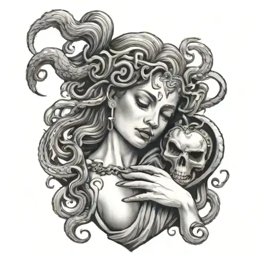 Medusa holding a human heart to her face while crying tattoo design idea