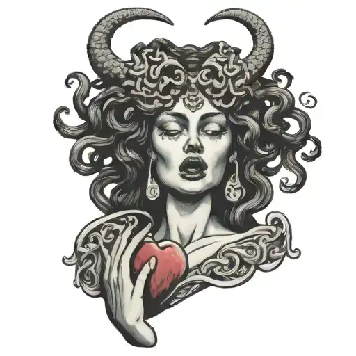 Medusa holding a human heart to her face while crying tattoo design idea