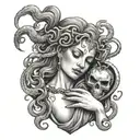 Medusa holding a human heart to her face while crying tattoo design idea