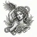 Medusa holding a human heart to her face while crying tattoo design idea