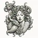 Medusa holding a human heart to her face while crying tattoo design idea
