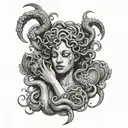 Medusa holding a human heart to her face while crying tattoo design idea