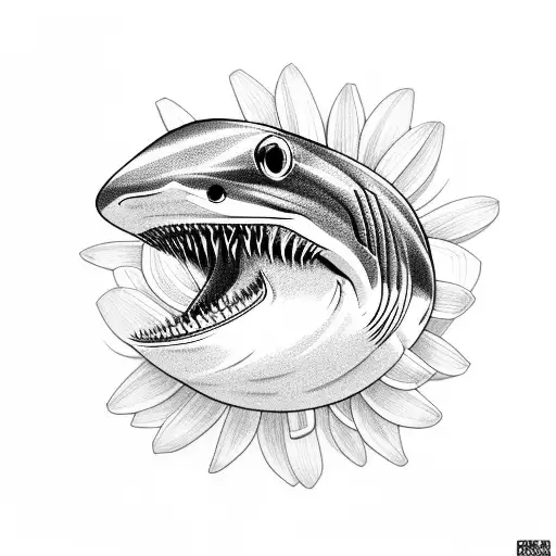 shark with gerber daisy tattoo design idea