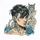 scrawny boy with short black hair and dark blue eyes tattoo design idea