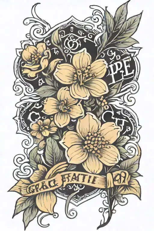 Fine line tattoo of small flowers with the words grace, hope, faith written on the stem of the three flowers  tattoo design idea