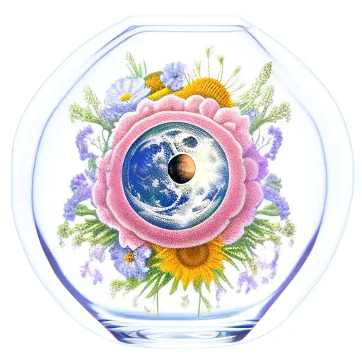 flower boquet in glass bottle with etiquette which includes the moon and the sun.  tattoo design idea