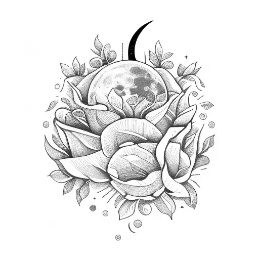 flower boquet in glass bottle with etiquette which includes the moon and the sun.  tattoo design idea