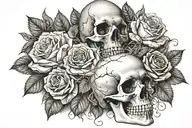 human skull without lower jaw, roses, candles, smoke, leaves, front view,  tattoo design idea