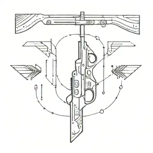 gun circling with arrows, straight line and dots tattoo design idea