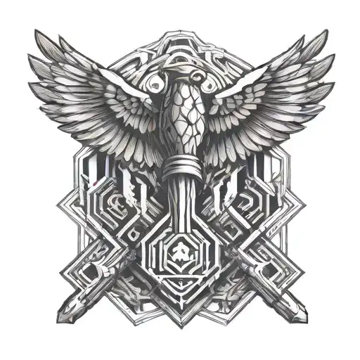 crossed miner's hammer and pick are between the canary's raised wings tattoo design idea