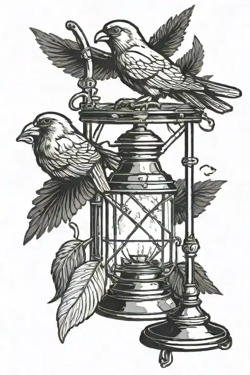 the canary holds in its paws an old lamp with a candle inside, hammer and pickaxe are between the canary's raised wings tattoo design idea