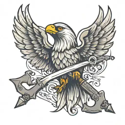 between the canary's raised wings are a crossed hammer and pickaxe tattoo design idea