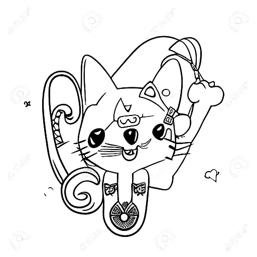 cute chibi black cat with collar holding both paws up as if to stop attack tattoo design idea
