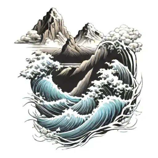 mountain and ocean wave merging tattoo design idea