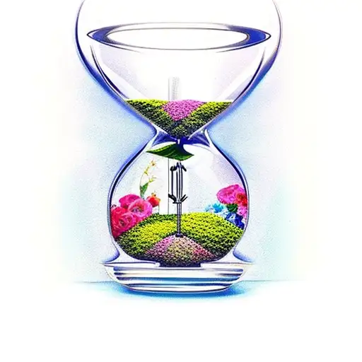 Hourglass with flowers and writing at the base saying "Always look after number one" tattoo design idea