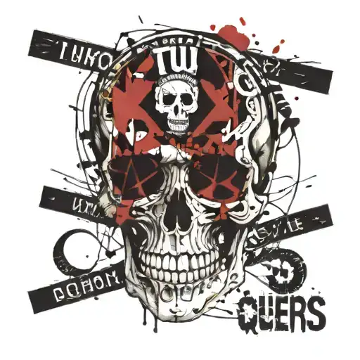 A skull with one eyebrow raised with the text "Tu unus ex illis queers es, cannon?" underneath tattoo design idea