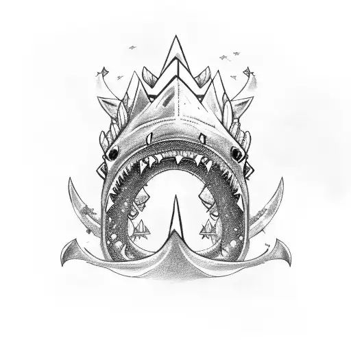 A fierce gangster shark wearing a crown, swimming through waves of french fries tattoo design idea