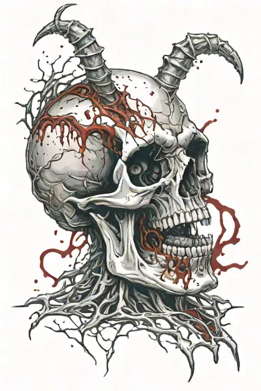 realistic dark demon alien skull with splatter of blood tattoo design idea