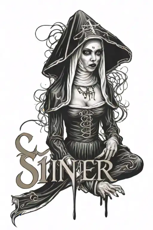 nun gothic sexy dark with  the word sinner in gothic writing above it all tattoo design idea