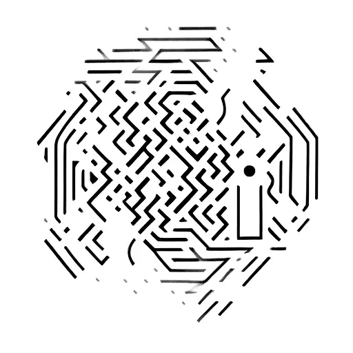 A minimalist tattoo of a cryptic maze with an owl perched on top, representing the client's journey through the labyrinth of existentialism and the pursuit of meaning in life. tattoo design idea