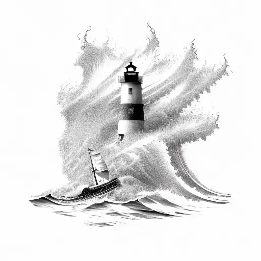 A powerful tidal wave crashing against a lighthouse tattoo design idea