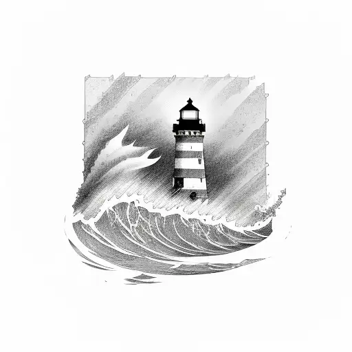 A powerful tidal wave crashing against a lighthouse tattoo design idea