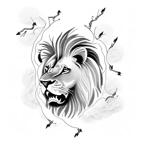 A majestic lion surrounded by lightning bolts in a stormy sky tattoo design idea