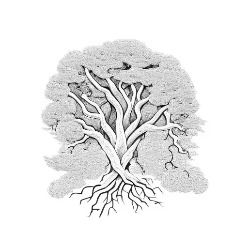 A majestic tree with roots that form the shape of a treble clef tattoo design idea