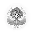 A majestic tree with roots that form the shape of a treble clef tattoo design idea