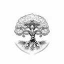 A majestic tree with roots that form the shape of a treble clef tattoo design idea