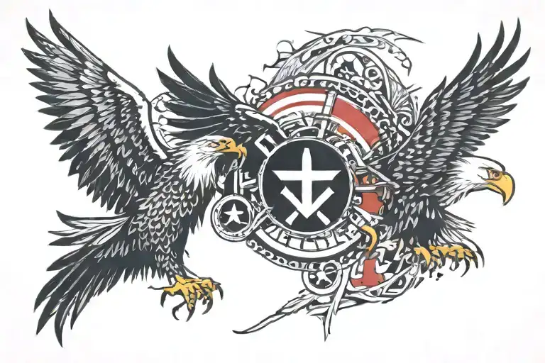 trash polka style vegvisir rune design centered between a new school welsh dragon and an Americana bald eagle tattoo design idea