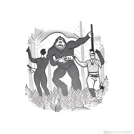 A group of friends hunting in the woods, surrounded by the silhouette of Bigfoot tattoo design idea