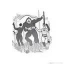 A group of friends hunting in the woods, surrounded by the silhouette of Bigfoot tattoo design idea