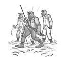 A group of friends hunting in the woods, surrounded by the silhouette of Bigfoot tattoo design idea