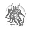 A group of friends hunting in the woods, surrounded by the silhouette of Bigfoot tattoo design idea