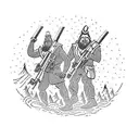 A group of friends hunting in the woods, surrounded by the silhouette of Bigfoot tattoo design idea