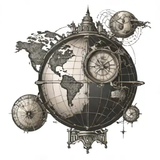 Globe with clock face showing different time zones and travel routes tattoo design idea