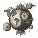 Globe with clock face showing different time zones and travel routes tattoo design idea
