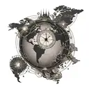 Globe with clock face showing different time zones and travel routes tattoo design idea
