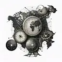 Globe with clock face showing different time zones and travel routes tattoo design idea