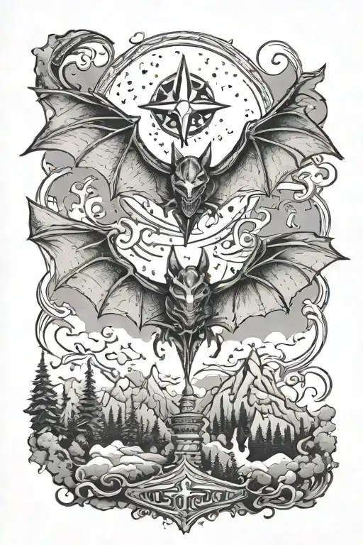 bat wings, mountain, forest, crown, crescent moon, star, sword, dragon tattoo design idea